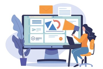 Illustration of a woman using a computer for online marketing. Concept of digital advertising, social media promotion, and content creation.