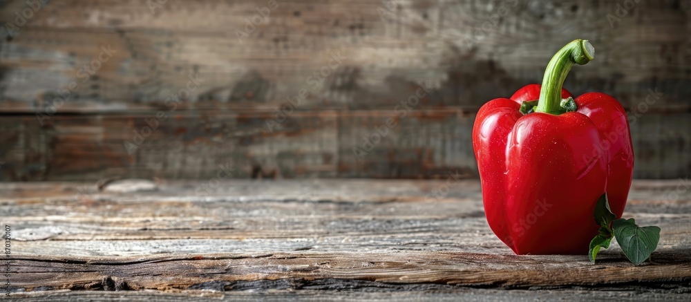Leinwandbilder Close-up image of a vibrant red bell pepper on a rustic wooden surface with empty space for text or other content. with copy space image. Place for adding text or design