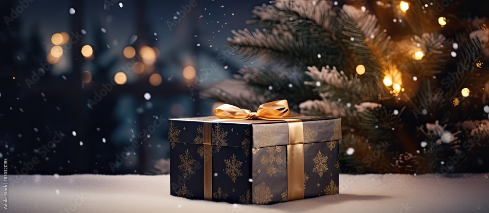 Poster A stunning gift box and fir tree branches on a black table with blurred festive lights, creating a festive copy space image.