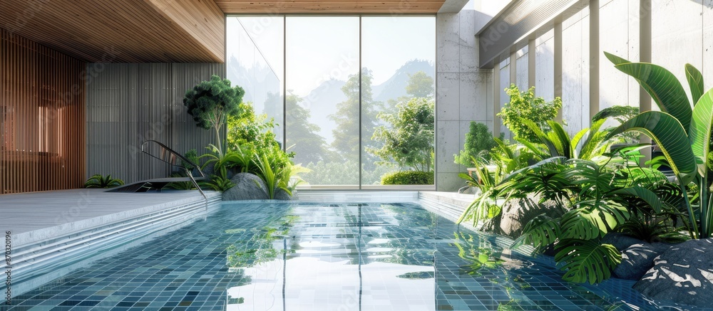 Poster Architecture, house with garden, Indoor swimming pool. with copy space image. Place for adding text or design