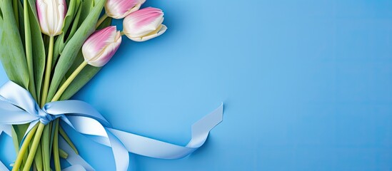 Obraz premium Blue background adorned with tulips and ribbons, providing an attractive copy space image.