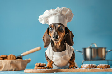 A dachshund dog is dressed in a chefs hat and apron, standing in a kitchen setting. The dog is smiling and looking directly at the camera