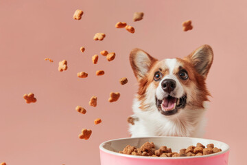 A happy dog with its mouth open catches treats in mid-air while sitting in front of a bowl of food