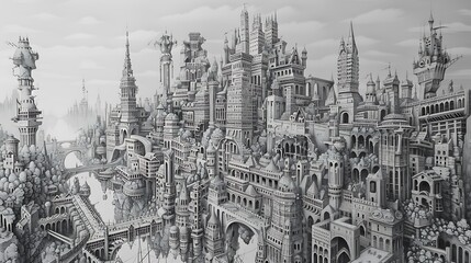 A pencil drawing a detailed map of an imaginary city