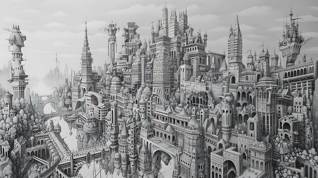 A pencil drawing a detailed map of an imaginary city