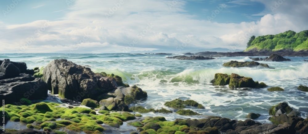 Aufkleber scenic ocean view with waves hitting mossy rocks, displaying the serene beauty with ample copy space