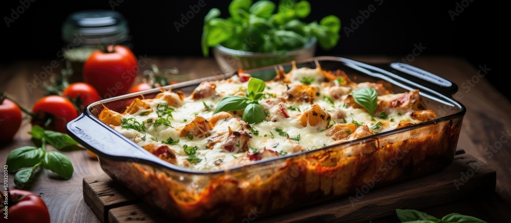 Poster A visually pleasing side view of a simple and rustic homemade tomato basil pasta bake, with a designated area for additional text or images - copy space image.