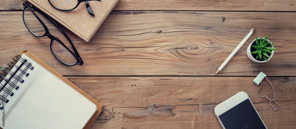 Aufkleber top view of office desk items like notebooks, smartphone, glasses, and a pencil on a wooden table ba