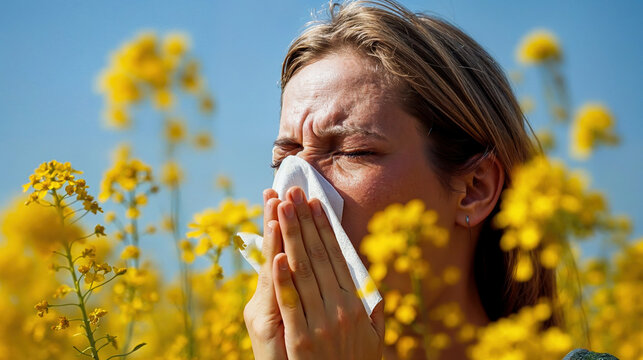 une femme allergique en train de se moucher
