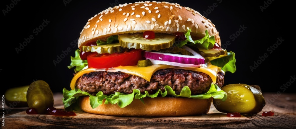 Poster close-up photo of a classic homemade cheeseburger with beef and veggies on a wooden surface, ideal f