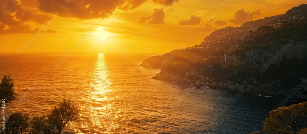 Poster beautiful golden sunset over the sparkling mediterranean sea with a breathtaking view in a copy spac