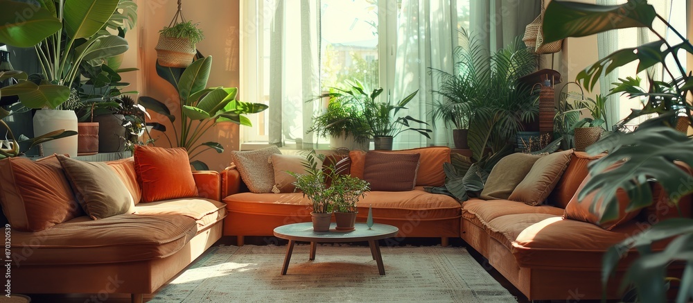 Aufkleber Empty living room with plants and table in middle and couches with pillows. with copy space image. Place for adding text or design