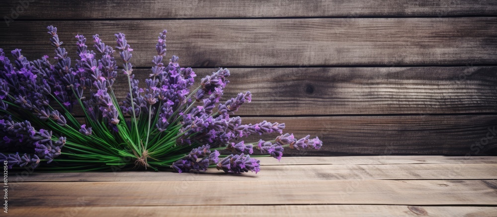 Poster A bouquet of lavender displayed on a rustic wooden surface with space for adding images. with copy space image. Place for adding text or design