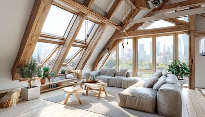 Fototapeta premium Modern Loft Apartment with City Views and Wooden Beams