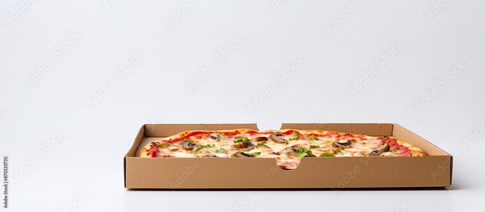 Poster a pizza box shown in a close-up view against a white backdrop, with copy space image.