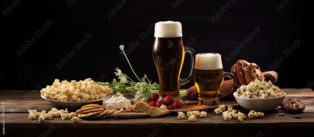 Aufkleber table with beer and snacks. copy space image.