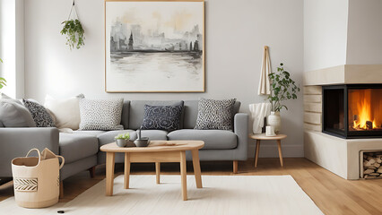 Wooden table next to grey corner settee in warm living room interior with painting and fireplace. Real photo