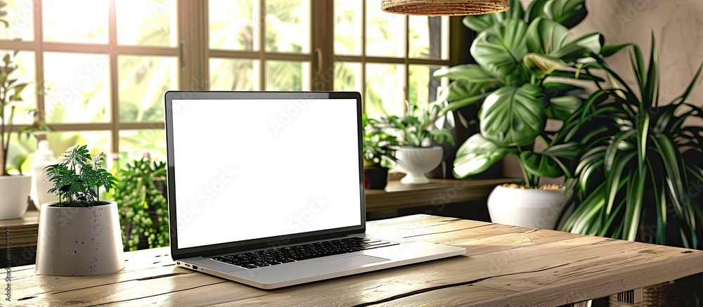 Poster laptop computer on wood desk at home, laptop with white blank on screen in work from home, home offi