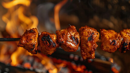 A close-up shot of tandoori chicken skewers over an open fire, showing the meat browning and crisping up
