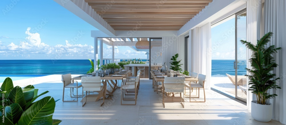 Poster nice dining room of a house by the sea. with copy space image. place for adding text or design