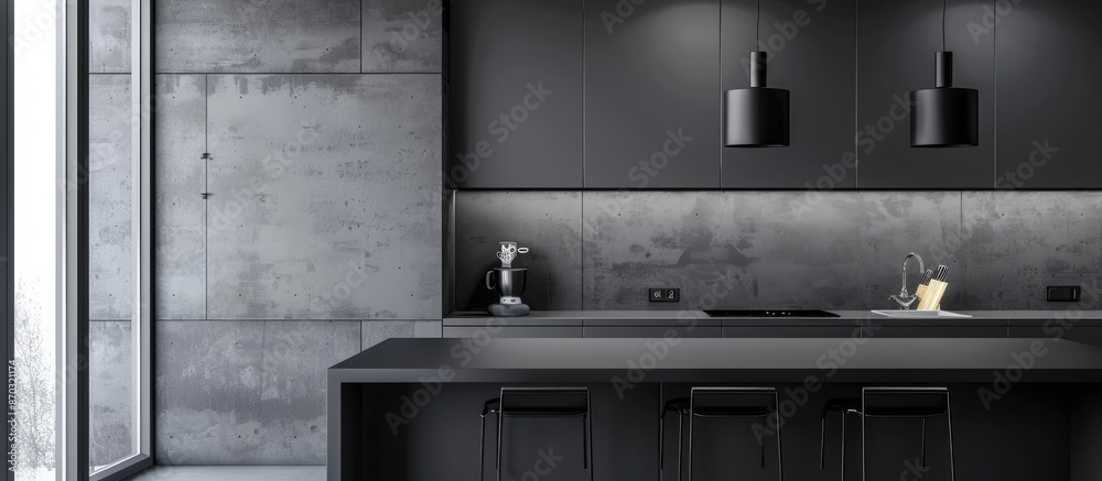 Leinwandbilder black desk in kitchen of gray color . with copy space image. place for adding text or design