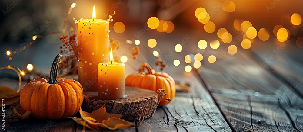 Aufkleber pumpkins and candle with fairy lights around on a wooden table. autumn season image, cozy home atmos