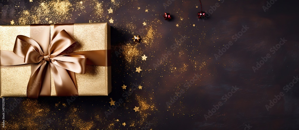 Poster a beautifully adorned gift displayed for a christmas card with ample copy space for an image, seen f