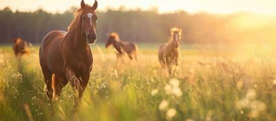 Summertime view of horses in a field with copy space image.