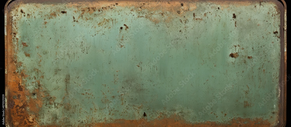 Poster old rusty metal plate with peeling green paint, showcasing a weathered appearance against a backdrop