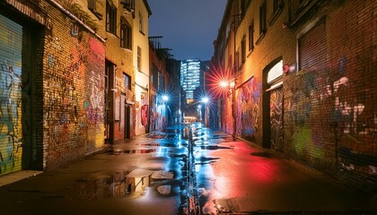 Old street Narrow alleyway bathed in warm light, showcasing a variety of artistic graffiti murals.