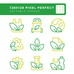 Eco-friendly practices two color line icons set. Recyclable plastic and paper bicolor outline iconset isolated. Waste management. Save planet. Duotone pictograms thin linear. Editable stroke
