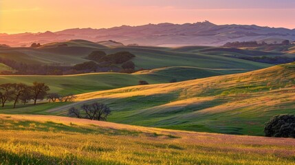 Fototapeta premium The vibrant hues of a sunset over rolling hills, with the last light of day casting long shadows, create a picturesque and peaceful scene.
