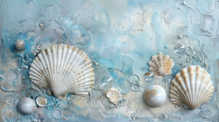 A close-up of an abstract canvas painting featuring seashells, bubbles, and a light blue background