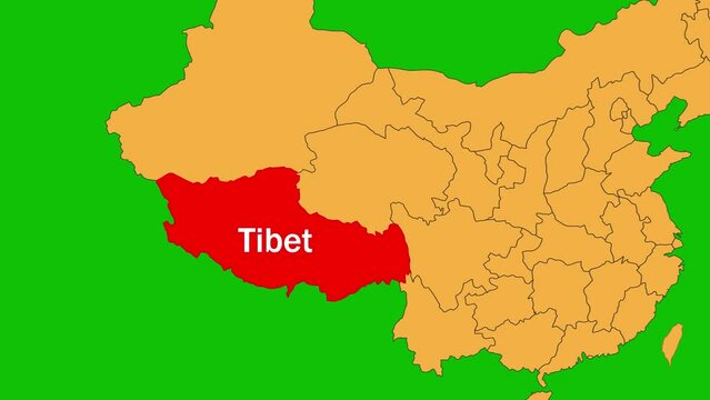 Tibet map animated video.  Tibet location is highlighted on the China map colour with Green srcreen background in video format.