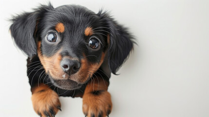 Adorable black Dachshund puppy dog sticking its head out of hole in white paper isolated on plain white background