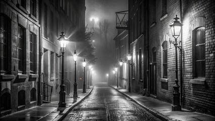 Darkened city alleyway with misty atmosphere, wet pavement, and dimly lit street lamps in high-contrast black and white tones.