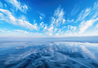 Fototapeta premium A panoramic view of Lake in winter, featuring a clear blue sky with white clouds reflecting on the frozen surface