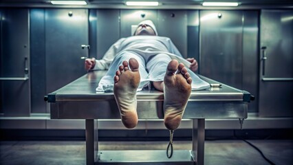 Lifeless body on cold metal autopsy table, toe tagged with identity label, sterile morgue atmosphere, harsh lighting, eerie silence surrounds.