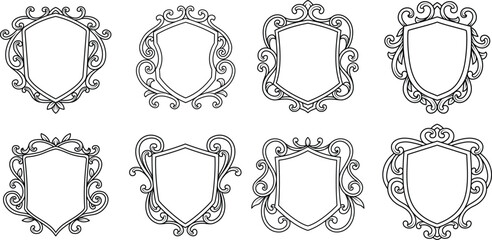 Set of shield emblem, frame with swirl, filigree, baroque ornament. Outline Vintage ornament logo monogram, medieval, heraldry, arabesque crest templates design  vector illustration