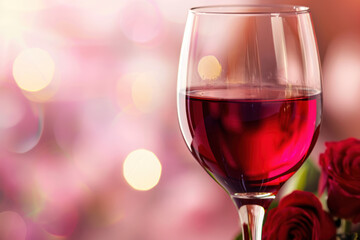 A glass of red wine sits in front of a bouquet of red roses. The background is out of focus, creating a beautiful bokeh effect