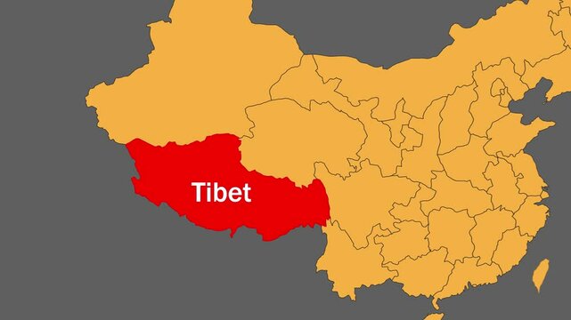 Tibet map animated video.  Tibet location is highlighted on the China map colour with Gray background in video format.