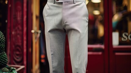 A casual pair of men's cotton pants in light grey, showcased on a mannequin with a burgundy background.