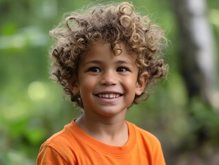 A child with curly hair, smiling brightly