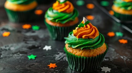 India Independence Day celebrating. Cupcakes decorated in honor of the Indian flag on a black background. Horizontal banner. Free space for text. Republic Day of India
