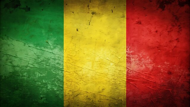 Distressed, worn, and frayed Mali flag illustration with African country's green, yellow, and red colors, featuring a vintage, grungy, and textured patriotic design element.