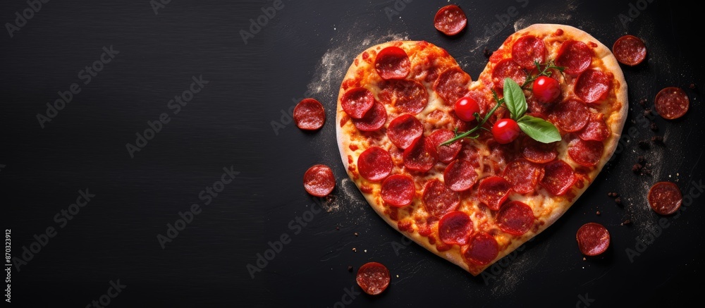 Aufkleber Valentine's Day heart-shaped pepperoni pizza on black background from top view with space for text. with copy space image. Place for adding text or design
