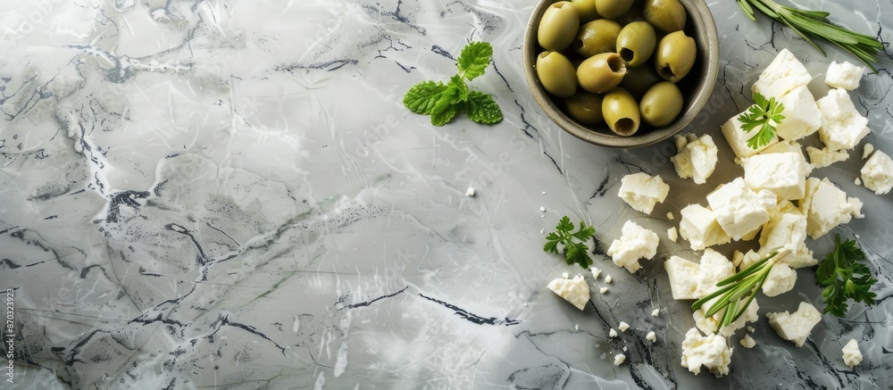 Poster feta cheese with olives and green herbs on gray marble background. copy space image. place for addin