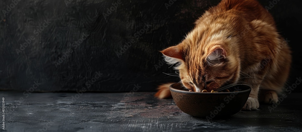 Poster A ginger cat enjoying its meal from a bowl with a banner displaying copy space image.