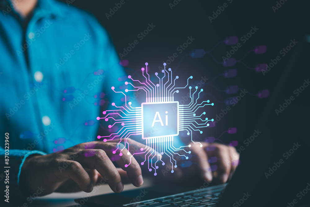 Poster ai technology power, artificial intelligence. man use computer laptop with smart robot a.i. big data
