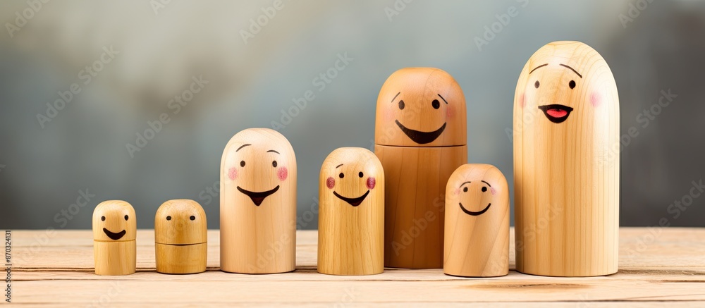 Poster Wooden dolls with happy faces creating a warm family concept in a model home setting, with a blank space for additional elements.